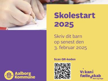 Skal dit barn starte i skole i 2025, er det nu tid til skoleindskrivning.     Du vil også modtage et indskrivningsbrev i e-boks fra Aalborg Kommune, hvis du har børn, der skal begynde i skole.     Indskrivningen er digital og starter den 6. januar 2025 frem til den 3. februar 2025.  Du kan allerede nu tilmelde dit barn via dette link til vores selvbetjeningsløsning (linket findes også i indskrivningsbrevet).  